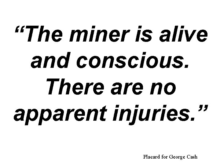 “The miner is alive and conscious. There are no apparent injuries. ” Placard for