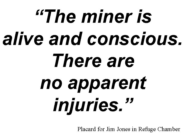 “The miner is alive and conscious. There are no apparent injuries. ” Placard for