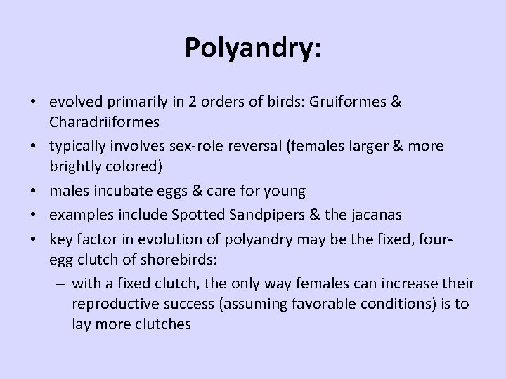 Polyandry: • evolved primarily in 2 orders of birds: Gruiformes & Charadriiformes • typically