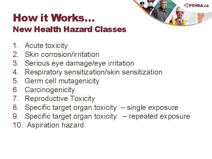 How it Works… New Health Hazard Classes 1. Acute toxicity 2. Skin corrosion/irritation 3.