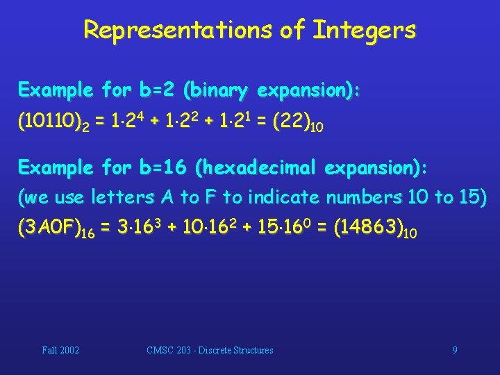 Representations of Integers Example for b=2 (binary expansion): (10110)2 = 1 24 + 1