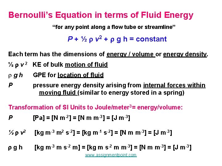 Bernoulli’s Equation in terms of Fluid Energy “for any point along a flow tube