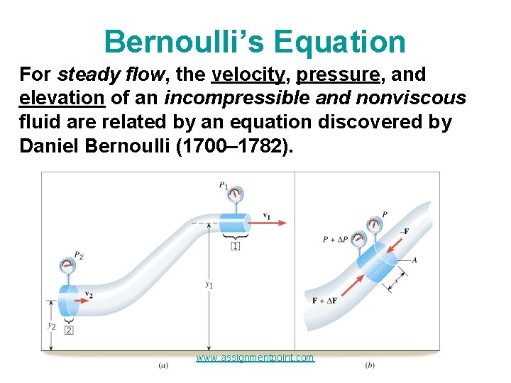 Bernoulli’s Equation For steady flow, the velocity, pressure, and elevation of an incompressible and