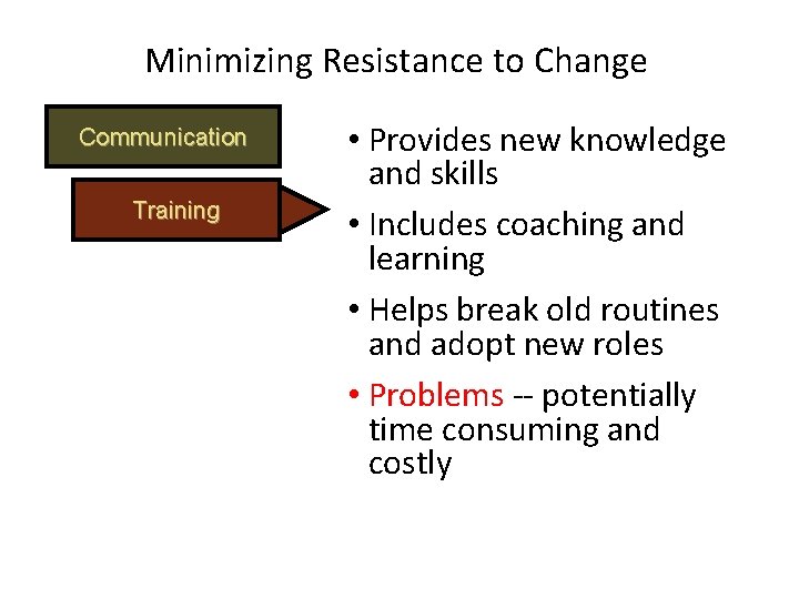 Minimizing Resistance to Change Communication Training • Provides new knowledge and skills • Includes