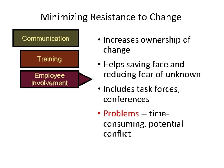 Minimizing Resistance to Change Communication Training Employee Involvement • Increases ownership of change •