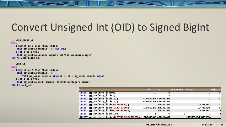 Convert Unsigned Int (OID) to Signed Big. Int -- lock_class_id CASE -- 1 Big.