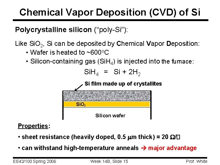 Chemical Vapor Deposition (CVD) of Si Polycrystalline silicon (“poly-Si”): Like Si. O 2, Si