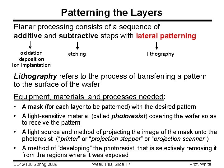 Patterning the Layers Planar processing consists of a sequence of additive and subtractive steps