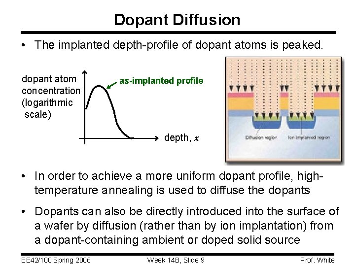 Dopant Diffusion • The implanted depth-profile of dopant atoms is peaked. dopant atom concentration