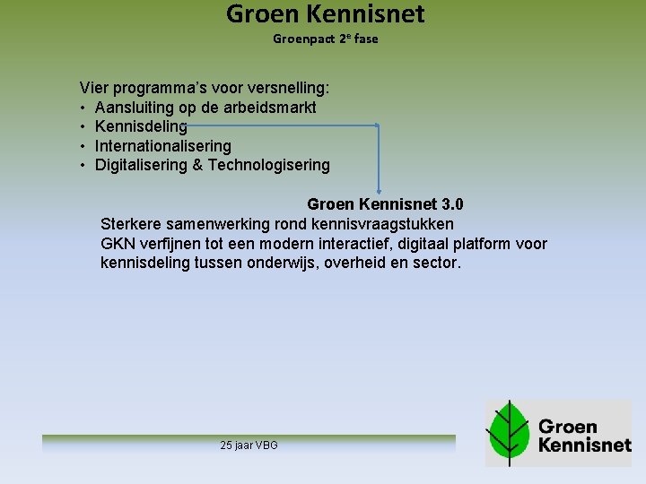 Groen Kennisnet Groenpact 2 e fase Vier programma’s voor versnelling: • Aansluiting op de