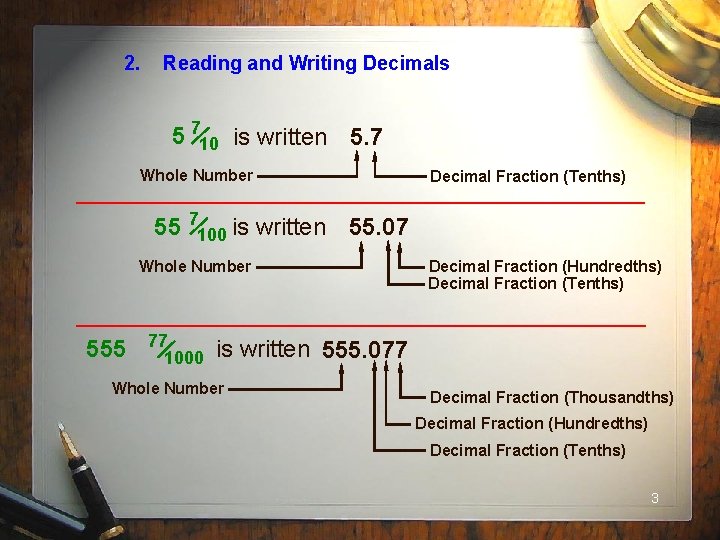 2. Reading and Writing Decimals 5 710 is written 5. 7 Whole Number 55