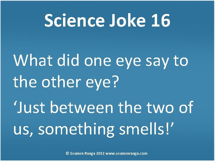 Science Joke 16 What did one eye say to the other eye? ‘Just between