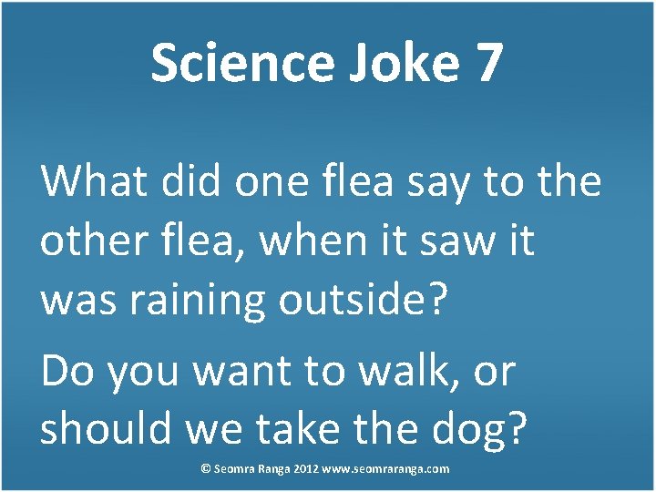 Science Joke 7 What did one flea say to the other flea, when it