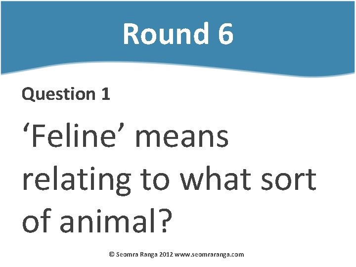 Round 6 Question 1 ‘Feline’ means relating to what sort of animal? © Seomra