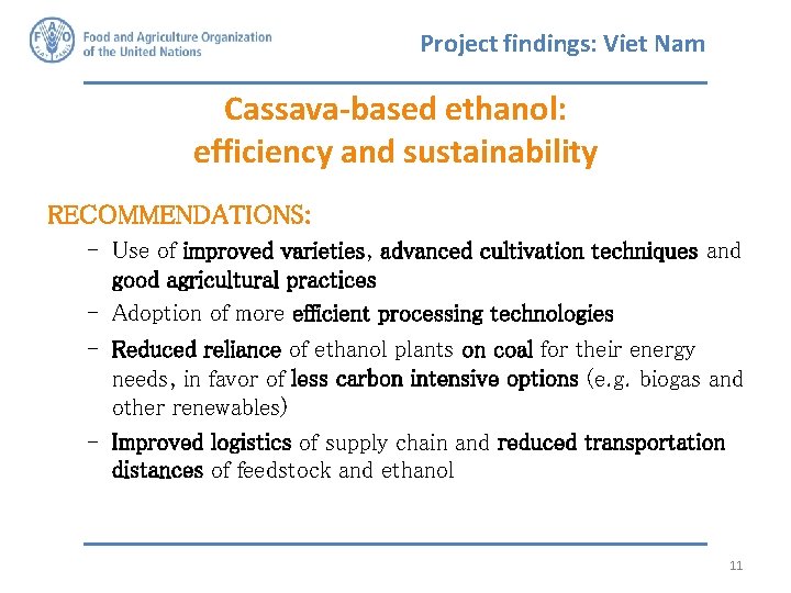 Project findings: Viet Nam Cassava-based ethanol: efficiency and sustainability RECOMMENDATIONS: - Use of improved