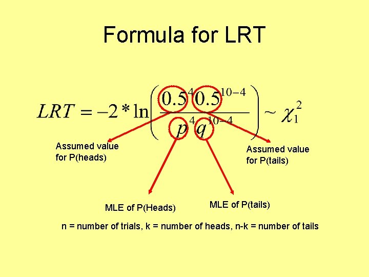 Formula for LRT Assumed value for P(heads) MLE of P(Heads) Assumed value for P(tails)