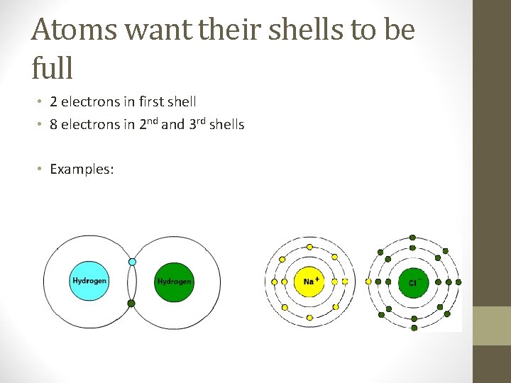 Atoms want their shells to be full • 2 electrons in first shell •