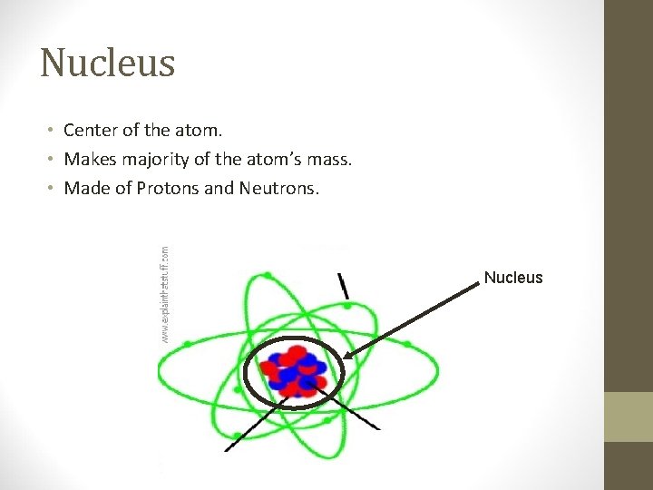 Nucleus • Center of the atom. • Makes majority of the atom’s mass. •