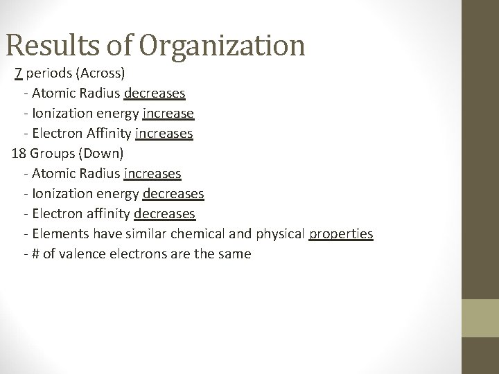 Results of Organization 7 periods (Across) - Atomic Radius decreases - Ionization energy increase