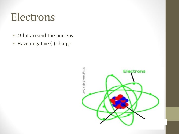 Electrons • Orbit around the nucleus • Have negative (-) charge 