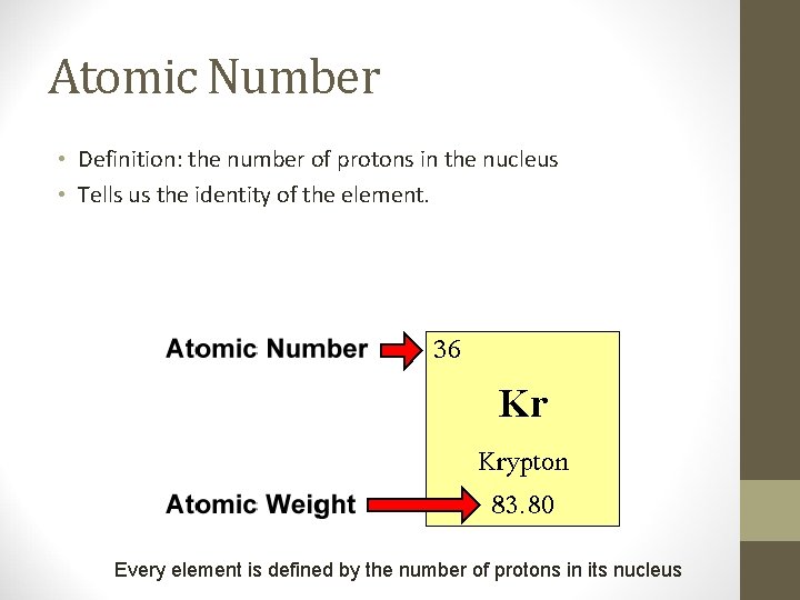 Atomic Number • Definition: the number of protons in the nucleus • Tells us