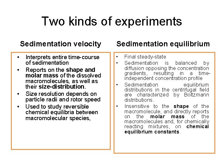 Two kinds of experiments Sedimentation velocity • • Interprets entire time-course of sedimentation Reports