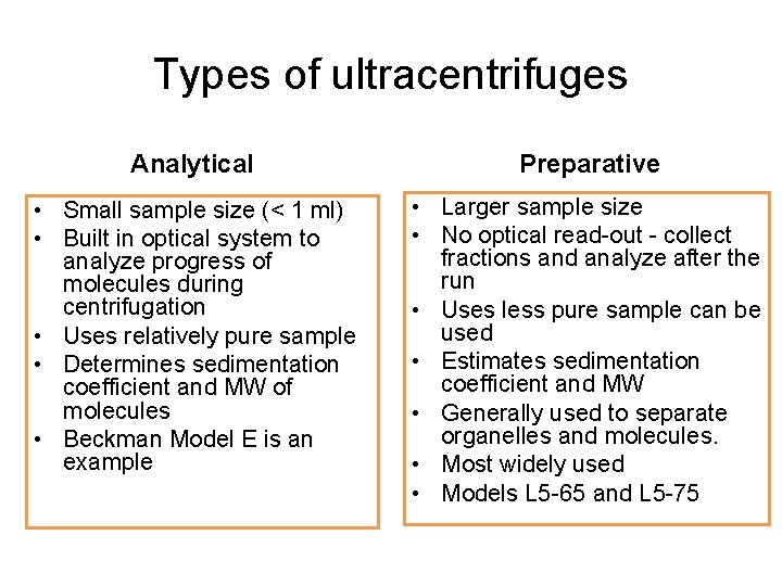 Types of ultracentrifuges Analytical Preparative • Small sample size (< 1 ml) • Built