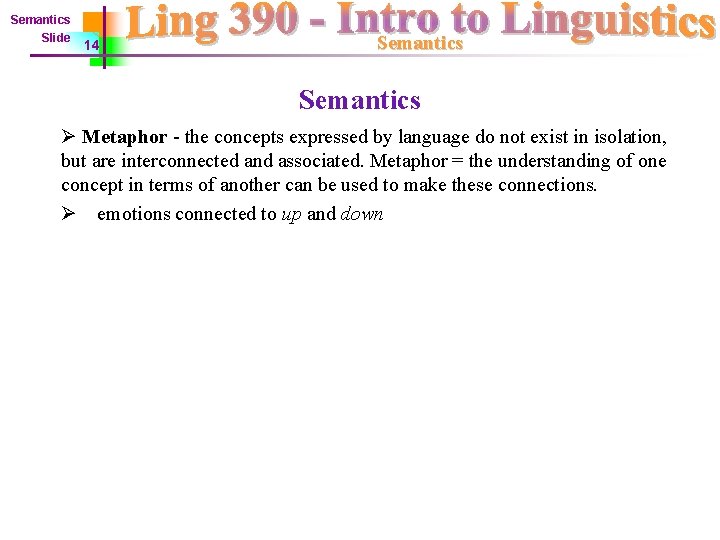 Semantics Slide 14 Semantics Ø Metaphor - the concepts expressed by language do not