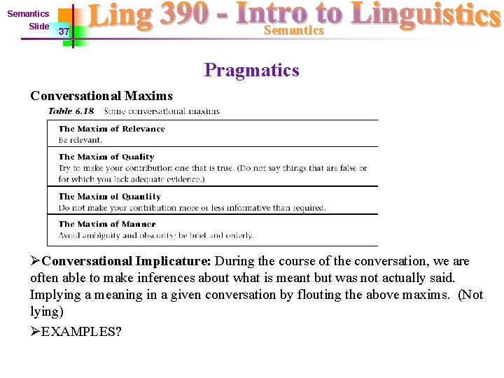 Semantics Slide 37 Semantics Pragmatics Conversational Maxims ØConversational Implicature: During the course of the