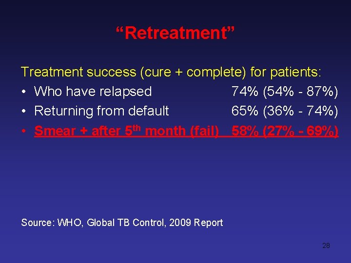 “Retreatment” Treatment success (cure + complete) for patients: • Who have relapsed 74% (54%