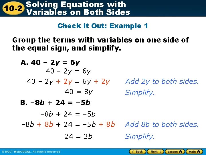 Solving Equations with 10 -2 Variables on Both Sides Check It Out: Example 1