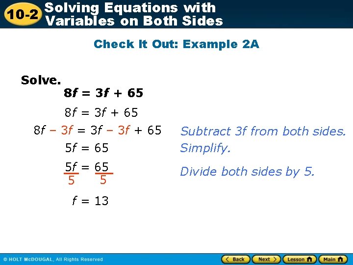 Solving Equations with 10 -2 Variables on Both Sides Check It Out: Example 2