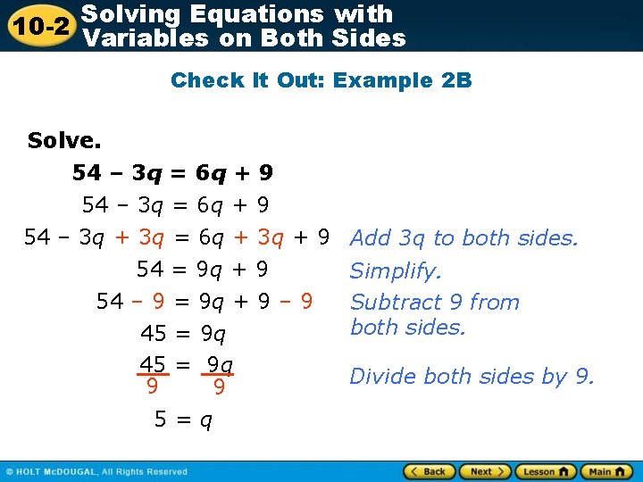 Solving Equations with 10 -2 Variables on Both Sides Check It Out: Example 2