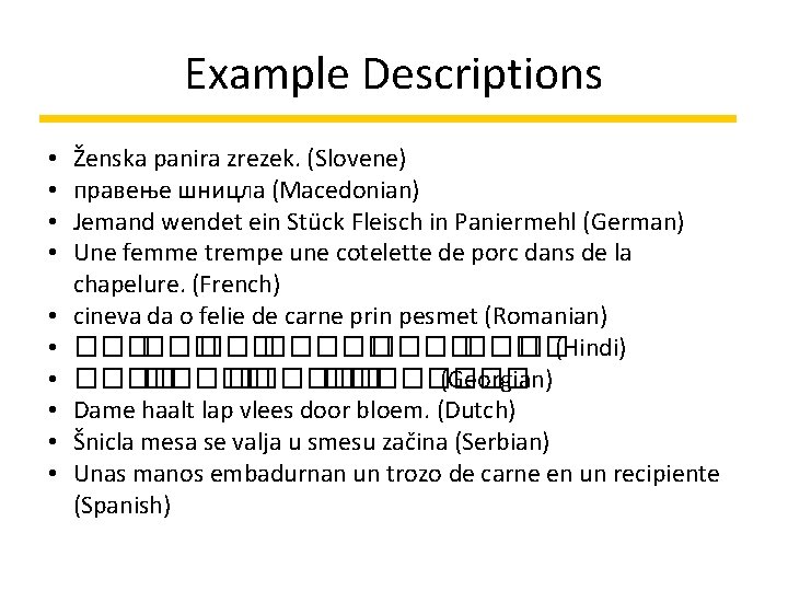 Example Descriptions • • • Ženska panira zrezek. (Slovene) правење шницла (Macedonian) Jemand wendet