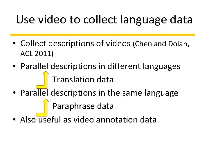 Use video to collect language data • Collect descriptions of videos (Chen and Dolan,