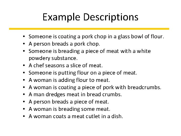 Example Descriptions • Someone is coating a pork chop in a glass bowl of