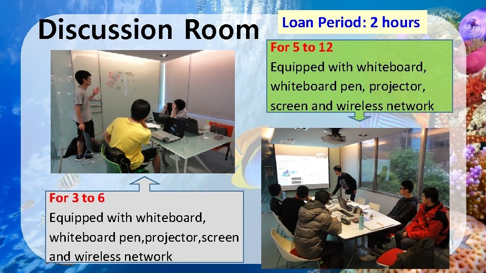 Discussion Room For 3 to 6 Equipped with whiteboard, whiteboard pen, projector, screen and