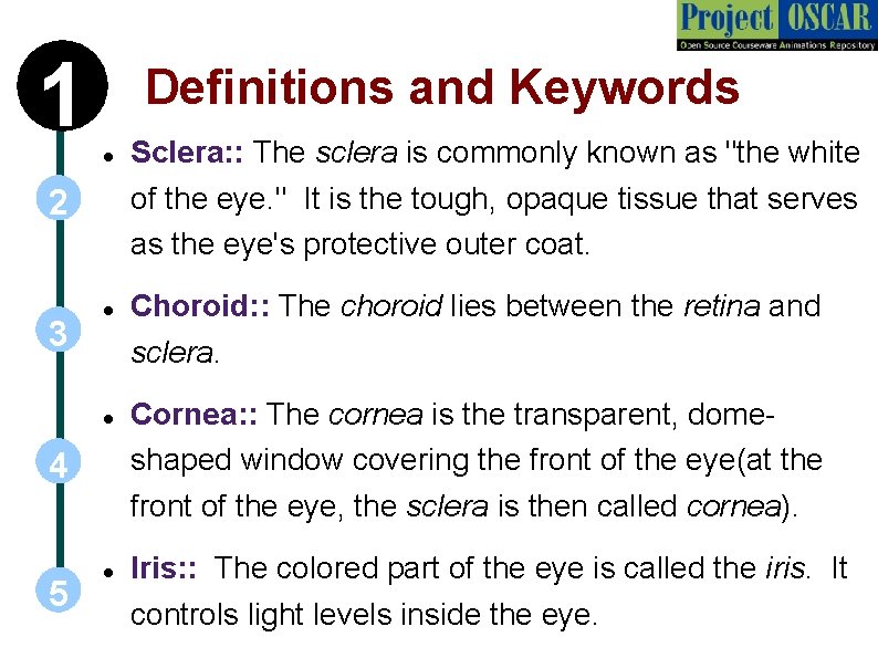1 Definitions and Keywords 2 3 4 5 Sclera: : The sclera is commonly