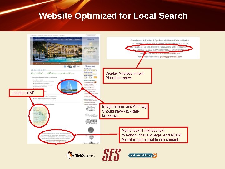 Website Optimized for Local Search Display Address in text Phone numbers Location MAP Image