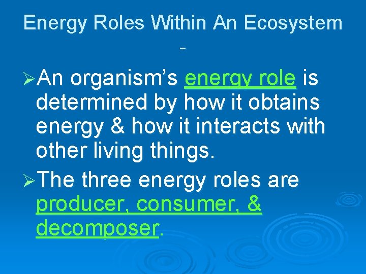 Energy Roles Within An Ecosystem ØAn organism’s energy role is determined by how it
