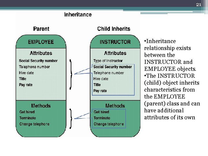 21 • Inheritance relationship exists between the INSTRUCTOR and EMPLOYEE objects. • The INSTRUCTOR