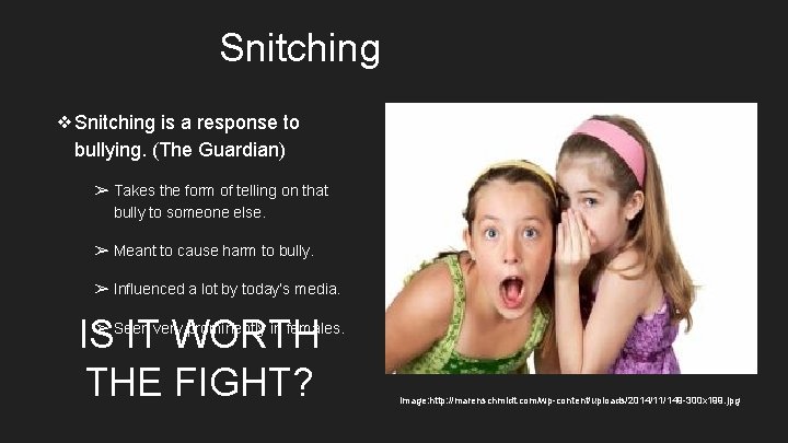Snitching ❖Snitching is a response to bullying. (The Guardian) ➢ Takes the form of