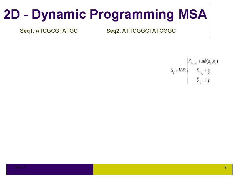 2 D - Dynamic Programming MSA Seq 1: ATCGCGTATGC Lab 4. 1 Seq 2: