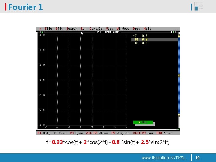 Fourier 1 f=0. 33*cos(t)+ 2*cos(2*t)+0. 8 *sin(t)+ 2. 5*sin(2*t); www. itsolution. cz/TKSL 12 