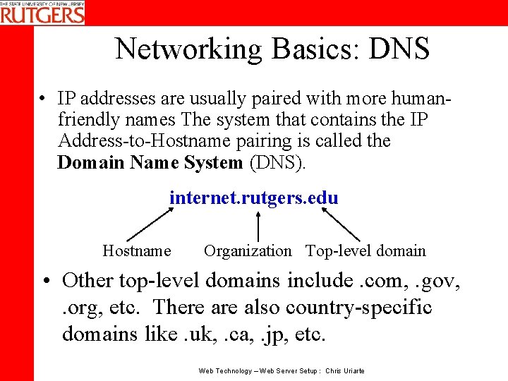 Networking Basics: DNS • IP addresses are usually paired with more humanfriendly names The
