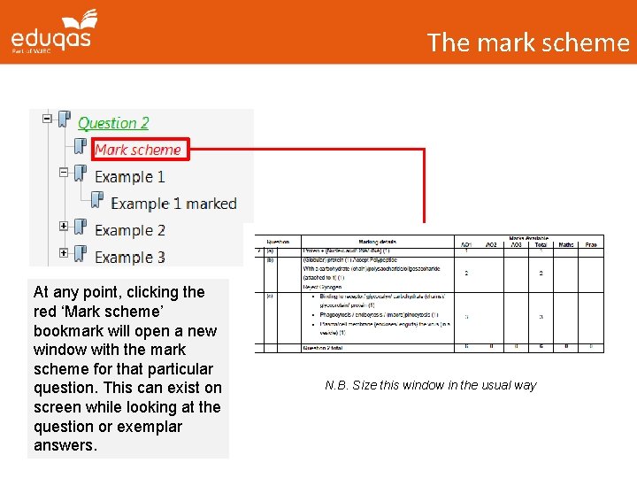 The mark scheme At any point, clicking the red ‘Mark scheme’ bookmark will open
