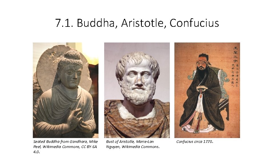 7. 1. Buddha, Aristotle, Confucius Seated Buddha from Gandhara, Mike Peel, Wikimedia Commons, CC