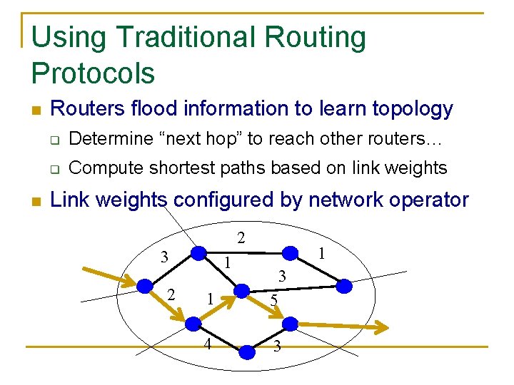Using Traditional Routing Protocols n n Routers flood information to learn topology q Determine