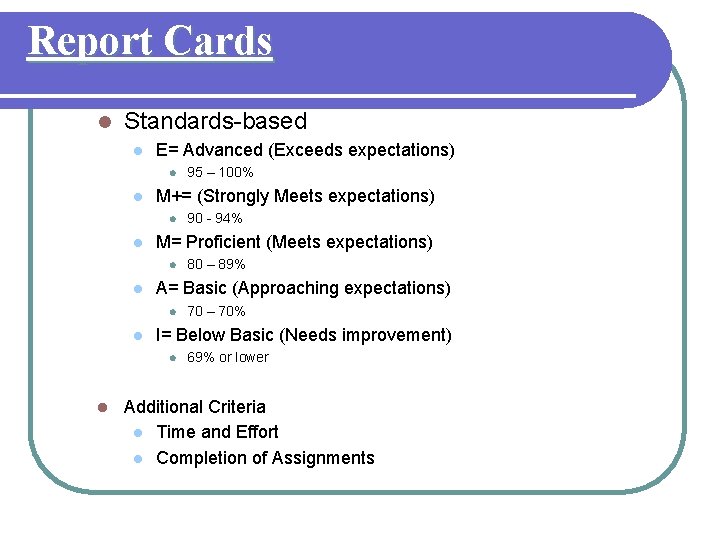 Report Cards l Standards-based l E= Advanced (Exceeds expectations) l l M+= (Strongly Meets