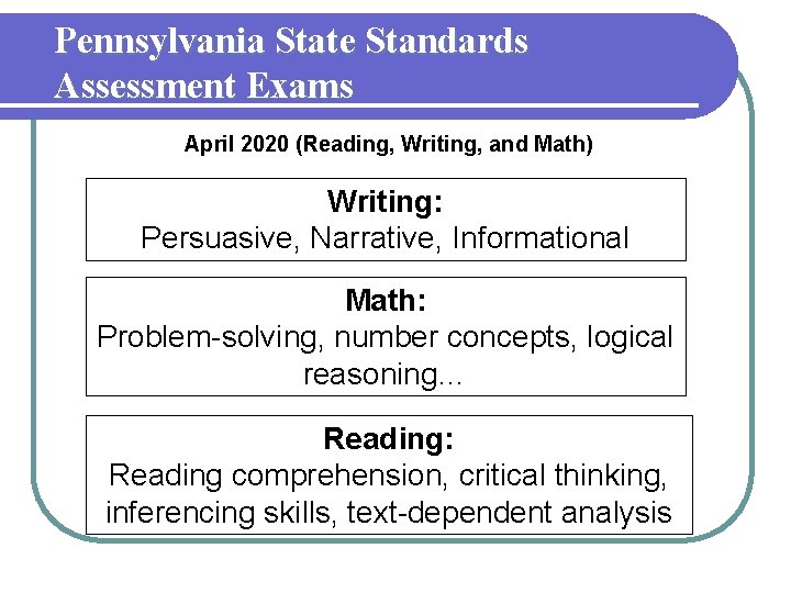 Pennsylvania State Standards Assessment Exams April 2020 (Reading, Writing, and Math) Writing: Persuasive, Narrative,